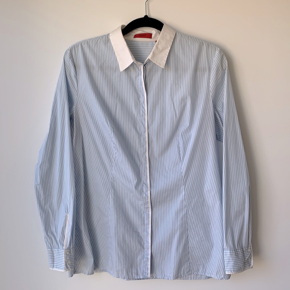 HUGOxHugo Boss Striped Blue White Collared Button Long Sleeve Shirt 42/10US